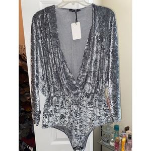 Boohoo+ Velvet Gray Long Sleeve Bodysuit